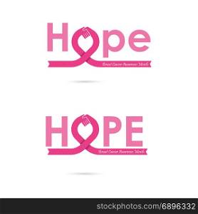 Hope word icon.Breast Cancer October Awareness Month Campaign Background.Women health vector design.Breast cancer awareness logo design.Breast cancer awareness month icon.Realistic pink ribbon.Vector illustration