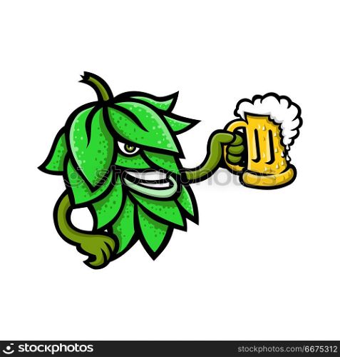 Hops Drinking Beer Mascot. Mascot icon illustration of a beer hops, flower or seed cones or strobiles of the hop plant drinking a mug of ale viewed from side on isolated background in retro style.. Hops Drinking Beer Mascot