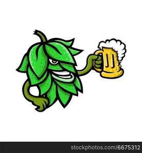 Hops Drinking Beer Mascot. Mascot icon illustration of a beer hops, flower or seed cones or strobiles of the hop plant drinking a mug of ale viewed from side on isolated background in retro style.. Hops Drinking Beer Mascot