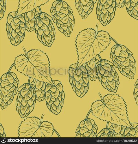 Hops hand engraved seamless pattern. Background with fruits and leaves of hops, an ingredient for the production of beer. Template with a sketch of a plant for packaging, wallpaper and background.. Hops hand engraved seamless pattern.