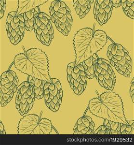 Hops hand engraved seamless pattern. Background with fruits and leaves of hops, an ingredient for the production of beer. Template with a sketch of a plant for packaging, wallpaper and background.. Hops hand engraved seamless pattern.
