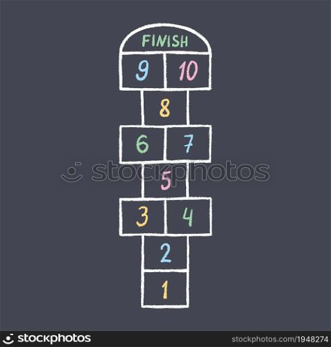 Hopscotch kid activity game. Hopscotch with color numbers drawn in chalk on asphalt. Outdoor summer game. Hand drawn vector illustration.. Hopscotch kid activity game. Hopscotch with color numbers drawn in chalk on asphalt. Outdoor summer game. Hand drawn vector illustration