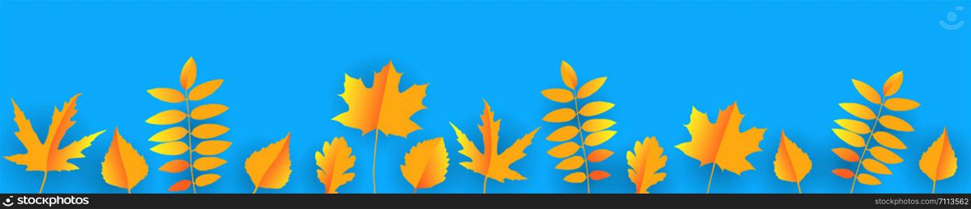 Horisontal banner in trendy colors. Vector illustration with autumn leaves in paper cut style