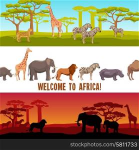 Horizontal African animals banners set. Horizontal colorful African animals with trees banners set isolated vector illustration