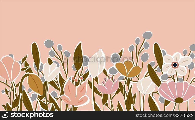 Horizontal backdrop decorated with blooming flowers and leaves border. Abstract art nature background vector. Trendy plants frame. flower garden. Botanical floral pattern design for summer. Horizontal backdrop decorated with blooming flowers and leaves border. Abstract art nature background vector. Trendy plants frame. flower garden. Botanical floral pattern design for summer sale banner