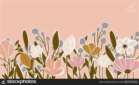 Horizontal backdrop decorated with blooming flowers and leaves border. Abstract art nature background vector. Trendy plants frame. flower garden. Botanical floral pattern design for summer. Horizontal backdrop decorated with blooming flowers and leaves border. Abstract art nature background vector. Trendy plants frame. flower garden. Botanical floral pattern design for summer sale banner
