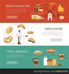 Horizontal Bakery Banners. Horizontal bakery banners presenting bread manufacture process and typical breakfast flat isolated vector illustration