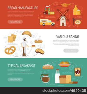 Horizontal Bakery Banners. Horizontal bakery banners presenting bread manufacture process and typical breakfast flat isolated vector illustration