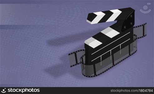 horizontal banner poster with clapperboard and film tape on abstract blue background. Background for premiere of film. Realistic 3d vector