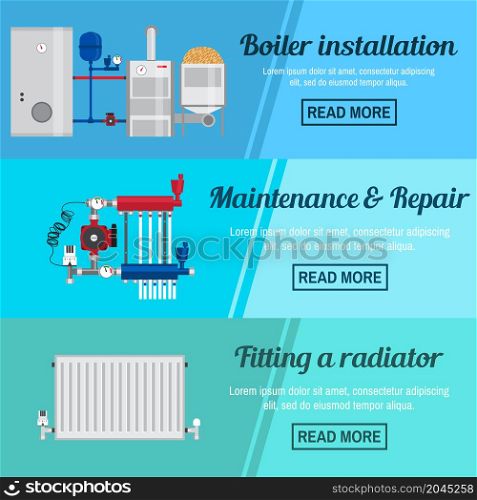 Horizontal banner set with boiler Installation, maintenance and repair and fitting a radiator design. For web design, mobile and application interface, also useful for infographics. Vector.. Horizontal banner set with boiler Installation.