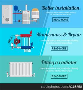 Horizontal banner set with boiler Installation, maintenance and repair and fitting a radiator design. For web design, mobile and application interface, also useful for infographics. Vector.. Horizontal banner set with boiler Installation.