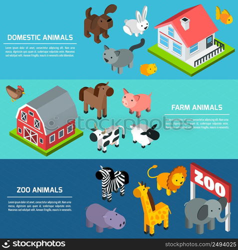 Horizontal banner set with domestic farm and zoo animals isometric elements isolated vector illustration. Isometric Animals Banners