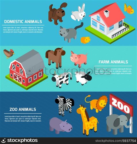 Horizontal banner set with domestic farm and zoo animals isometric elements isolated vector illustration. Isometric Animals Banners