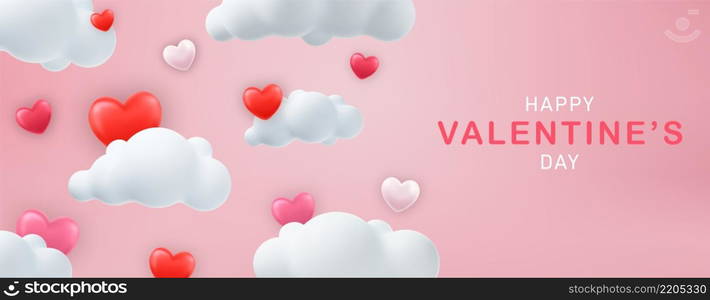 Horizontal banner with 3D heart on cloud background. Place for text. voucher template with hearts. Love concept for happy mother s day, valentine s day, birthday day. Vector illustration. banner with cut clouds.