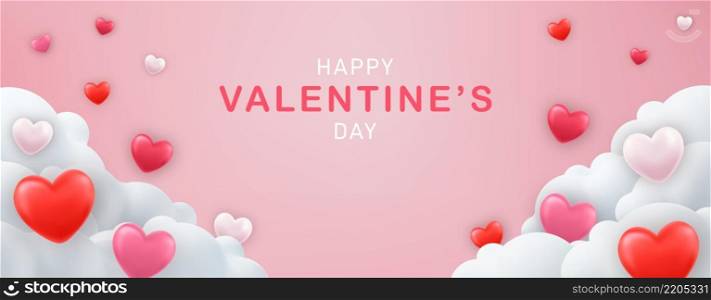 Horizontal banner with 3D heart on cloud background. voucher template with hearts. Love concept for happy mother s day, valentine s day, birthday day. Vector illustration. banner with cut clouds.