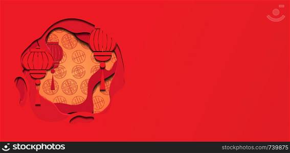 Horizontal banner with Chinese red greeting card with 3d chinese lantern and background cut out of paper. Vector template for presentations, banners, flyers and your design.. Horizontal banner with Chinese red greeting card with 3d chinese lantern and background cut out of paper. Vector template