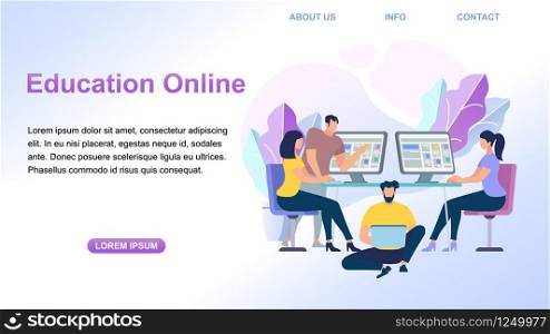 Horizontal Banner with Copy Space. Education Online. Young People Learning Together. Girls Listen Guy Explaining Lesson Sitting at Computer Monitor. Man with Laptop. Cartoon Flat Vector Illustration. Education Online. Young People Learning Together.