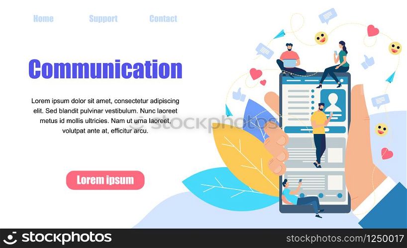 Horizontal Banner with Copy Space. Hand Holding Smartphone with Tiny People Communicating in Social Network. Online Wireless Connection. Global Modern Technology. Cartoon Flat Vector Illustration. Hand Holding Smartphone with Tiny People Chatting