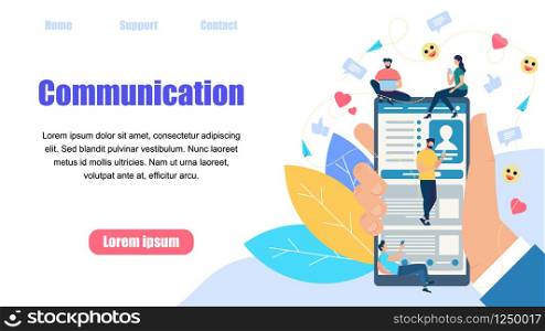 Horizontal Banner with Copy Space. Hand Holding Smartphone with Tiny People Communicating in Social Network. Online Wireless Connection. Global Modern Technology. Cartoon Flat Vector Illustration. Hand Holding Smartphone with Tiny People Chatting