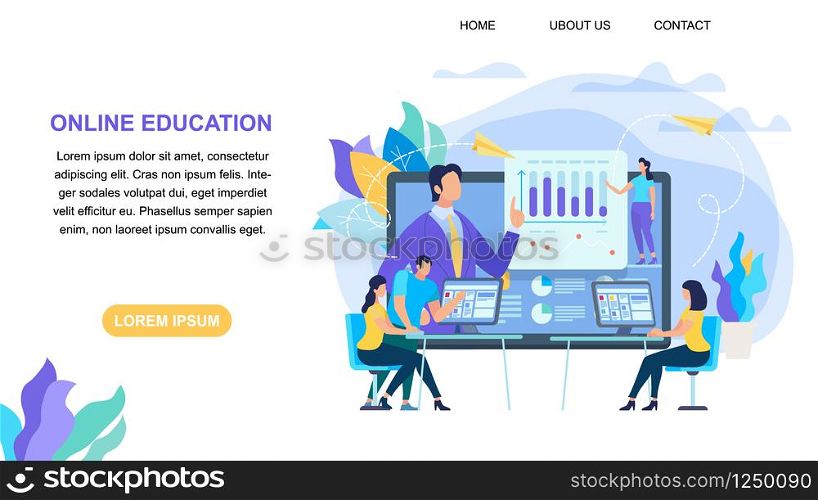 Horizontal Banner with Copy Space. Online Education Courses and Webinar, Trainer Teaches Students. E-Learning. Teaching Lecture or Seminar. Flat Vector Illustration. Cartoon Flat Vector Illustration.. Online Education Horizontal Banner with Copy Space
