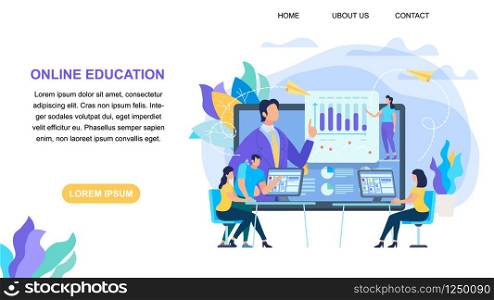 Horizontal Banner with Copy Space. Online Education Courses and Webinar, Trainer Teaches Students. E-Learning. Teaching Lecture or Seminar. Flat Vector Illustration. Cartoon Flat Vector Illustration.. Online Education Horizontal Banner with Copy Space