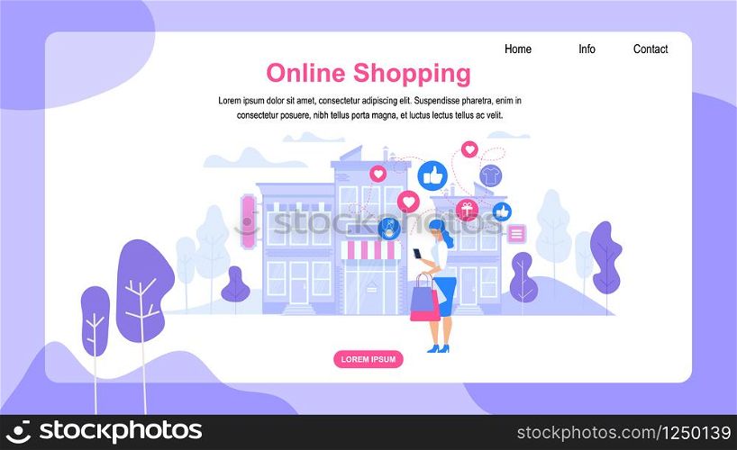 Horizontal Banner with Copy Space. Online Shopping. Young Woman Consumer with Bags Making Shopping Purchases in Web Application Stand in Front of Store Building with Awning. Flat Vector Illustration.. Horizontal Banner with Copy Space. Online Shopping