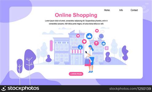 Horizontal Banner with Copy Space. Online Shopping. Young Woman Consumer with Bags Making Shopping Purchases in Web Application Stand in Front of Store Building with Awning. Flat Vector Illustration.. Horizontal Banner with Copy Space. Online Shopping