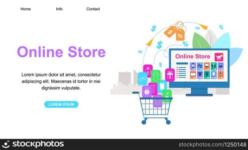 Horizontal Banner with Copy Space. Online Store. Shopping Cart with Purchases Icons Stand in Front of Huge Computer Monitor with Opened Web Application. Price Tags, Dollars. Flat Vector Illustration.. Horizontal Banner with Copy Space. Online Store.