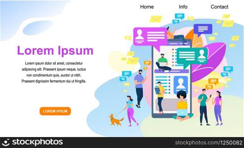 Horizontal Banner with Copy Space. People Communicate with Friends in Social Networks Using High Tech Gadgets and Smartphones. Internet Addiction. Social Media Icons. Cartoon Flat Vector Illustration. People Communicate with Friends in Social Networks