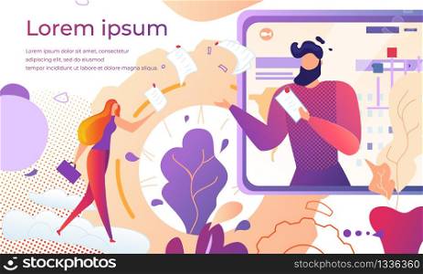 Horizontal Banner with Copy Space. Young Woman with Ginger Hair Giving Paper Documents to Bearded Man at Huge Tablet Screen. Video Conference. Abstract Background. Cartoon Flat Vector Illustration.. Young Woman Giving Documents to Man Tablet Screen.