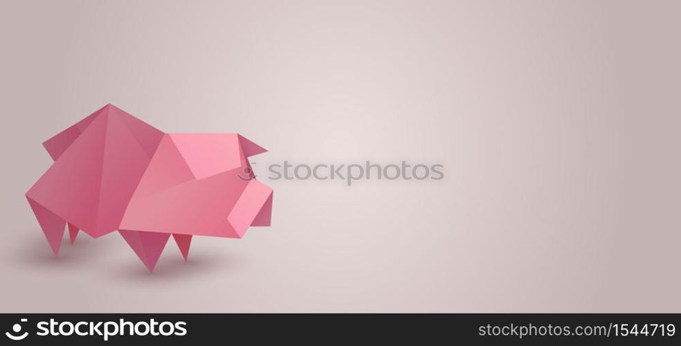Horizontal banner with origami pig and space for text. Zodiac horoscope. Vector template for cards, banners, invitations and your creativity. Horizontal banner with origami pig and space for text. Zodiac horoscope.