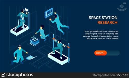Horizontal banner with spacemen training growing plants and working at space station 3d isometric vector illustration