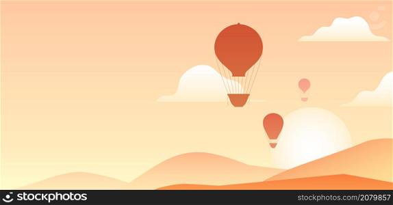 Horizontal banner with vintage hot air balloon in the sky, sunrise and hills and place for text. Card with silhouette of aerostat and copy space. Vector template with balloons and lands. Horizontal banner with vintage hot air balloon in the sky, sunrise and hills and place for text. Card with silhouette of aerostat and copy space. Vector template