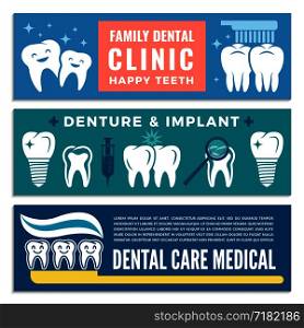 Horizontal banners for dental clinic with illustrations of teeth. Dental tooth clinic banner, equipment for care, stomatology and hygiene vector. Horizontal banners for dental clinic with illustrations of teeth