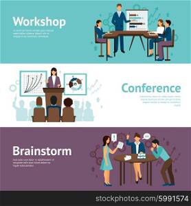 Horizontal Banners Of Business Training. Horizontal banners set of scenes presenting business workshop conference and brainstorm flat vector illustration