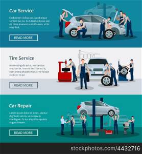 Horizontal Banners Of Car Service. Flat horizontal banners with scenes presents workers in car service tire service and car repair vector illustration