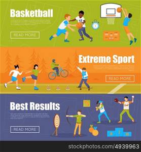 Horizontal Banners Of Kids Sport. Horizontal banners of kids playing basketball and baseball doing extreme sport and archery for best results vector illustration
