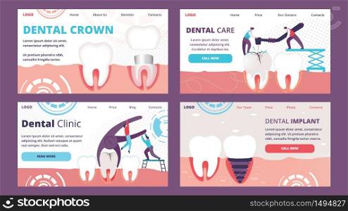 Horizontal Banners Set of Teeth Problems. Visualization of Different Ways Orthodontic Restoration as Implant, Crown. Deletion and Drilling Diseased Tooth in Human Gum. Cartoon Flat Vector Illustration. Horizontal Banners Set of Teeth Problems Dentistry