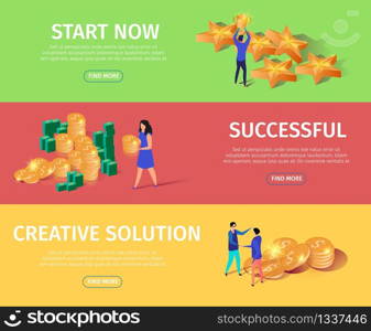 Horizontal Banners Set with Copy Space. Man Hold Golden Star Above Head, Woman Carry Coins Beside of Money Stacks, Men Shaking Hands Standing at Gold Dollars. 3d Flat Vector Isometric Illustration.. Horizontal Banners Set with Stars, Money, People.