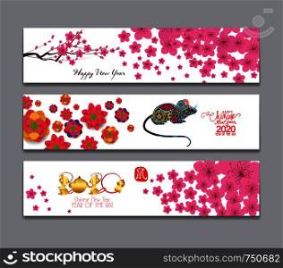 Horizontal Banners Set with Hand Drawn. Year of the Rat (hieroglyph Rat)