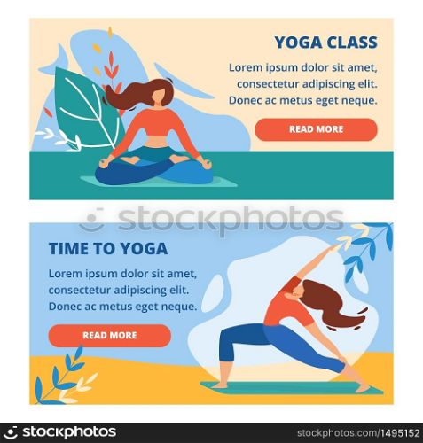 Horizontal Banners Set with Outdoor Yoga Class and Fitness Productive Healthy Outside Sports Exercises in Summer Park. Woman Flexibility and Concentration Practice Cartoon Flat Vector Illustration. Horizontal Banners Set with Outdoor Yoga Class