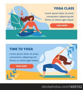 Horizontal Banners Set with Outdoor Yoga Class and Fitness Productive Healthy Outside Sports Exercises in Summer Park. Woman Flexibility and Concentration Practice Cartoon Flat Vector Illustration. Horizontal Banners Set with Outdoor Yoga Class