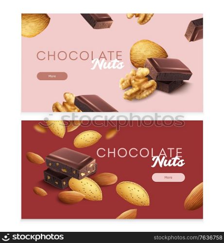 Horizontal banners set with pieces of nuts chocolate bar realistic isolated vector illustration