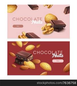 Horizontal banners set with pieces of nuts chocolate bar realistic isolated vector illustration