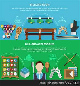 Horizontal banners set with player, billiard room, game accessories isolated on green and blue background vector illustration. Billiard Room And Accessories Banners