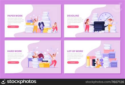 Horizontal banners set with tired people working with papers before dead line flat isolated vector illustration