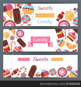 Horizontal banners with colorful candy, sweets and cakes.