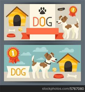 Horizontal banners with cute dog, icons and objects.