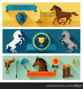 Horizontal banners with horse equipment in flat style.