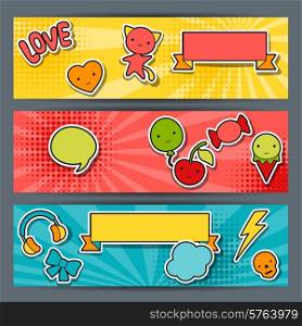 Horizontal banners with sticker kawaii doodles.
